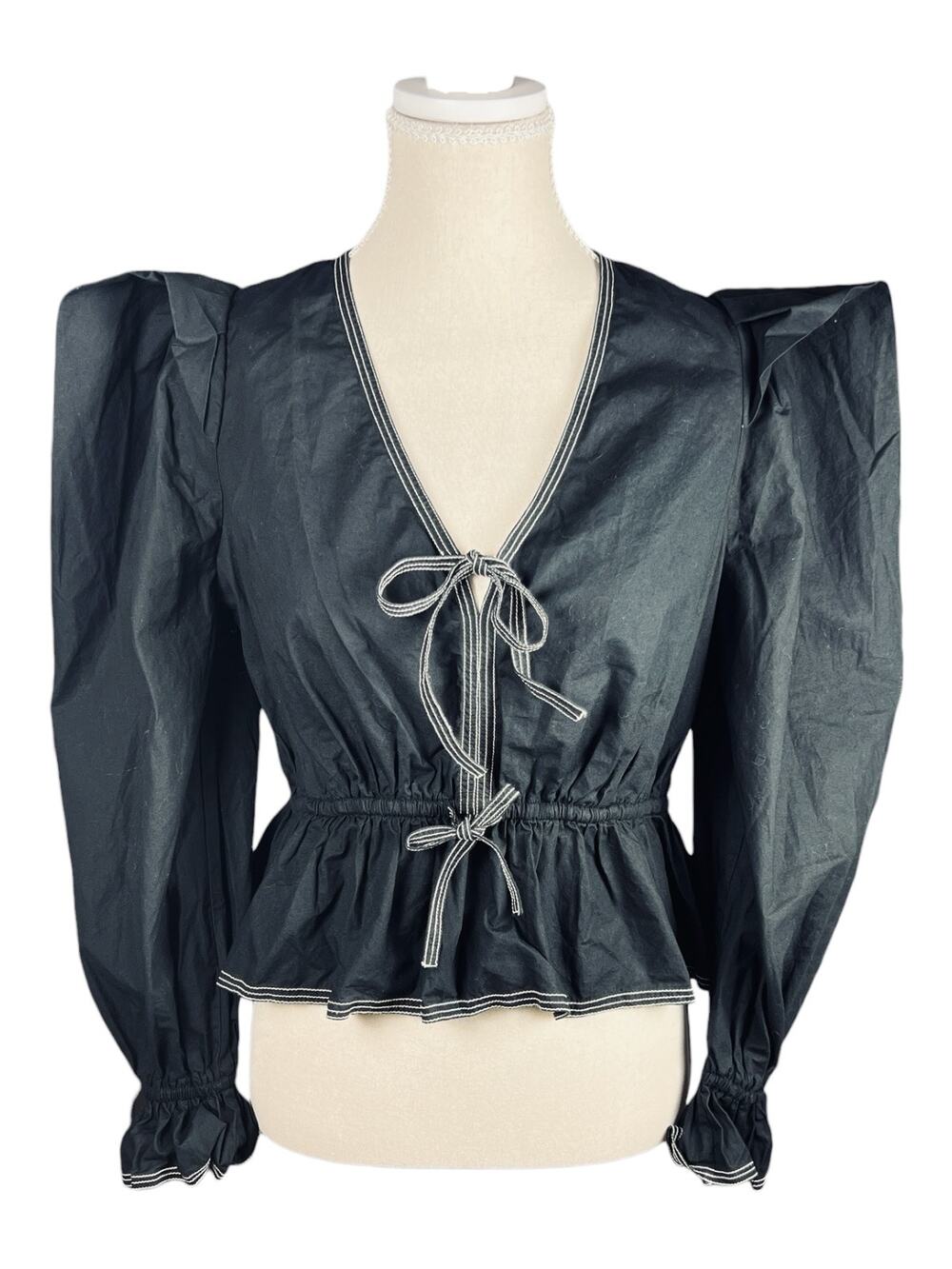 Ulla Johnson Sabina Noir Cotton Peplum Blouse Puff Sleeve V Neck Tie Front Top 2